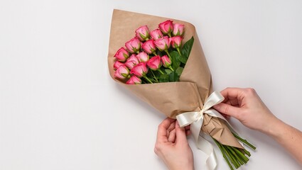 Hands of a person carefully tying a ribbon around a bouquet of pink roses wrapped in brown paper, showcasing the art of floral arrangement and gift presentation