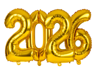 Golden number balloons 2026 with transparent background