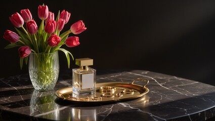 Elegant arrangement featuring a glass vase of pink tulips, a perfume bottle, and gold jewelry on a luxurious marble table, creating a sophisticated atmosphere for beauty and style