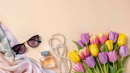 Elegant flat lay composition featuring vibrant tulips, stylish sunglasses, a perfume bottle, and a pearl necklace on a soft pastel background, perfect for spring fashion inspiration