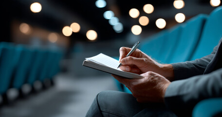 Close-up of person writing notes in a notebook while sitting in a dimly lit auditorium with blue seats and blurred lights