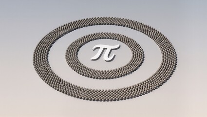 Circular arrangement of spheres forming the mathematical symbol pi, showcasing a creative representation of geometry and mathematics in a visually striking design concept