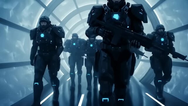 Futuristic soldiers in sci fi armor marching down a glowing tunnel.