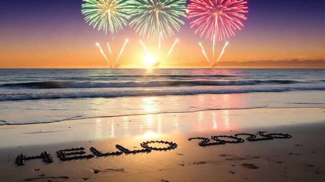 Hello 2026 Written in Sand on Beach with Sunset and New Year Fireworks, new year 2026 video