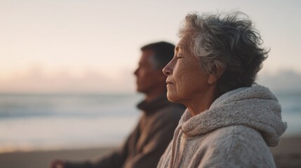 Elderly couple sitting on a beach, facing the ocean. the woman is on the right side of the image, with her head turned towards the horizon. she has short, curly hair and is wearing a gray sweater.