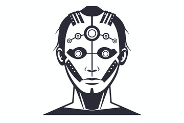 Robot face shows circuit board patterns on its head with intricate lines