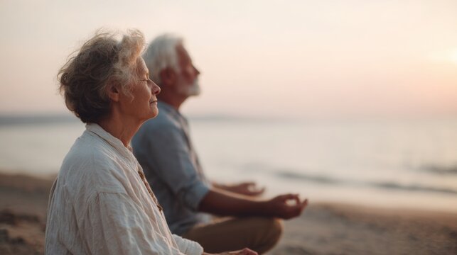 Elderly couple sitting on a sandy beach, meditating together. they are both wearing casual clothes and appear to be in a peaceful and meditative state. - Powered by Adobe