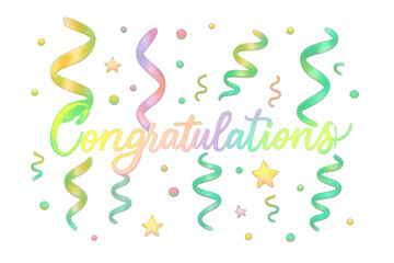 Colorful watercolor congratulations text surrounded by festive streamers and confetti isolated on transparent background