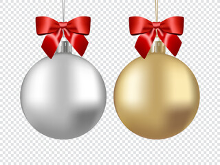 Christmas gold and silver tree ball with red bow, isolated vector illustration