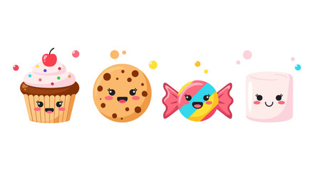 Fototapeta premium Cute kawaii sweets with happy faces: cupcake, cookie, candy, and marshmallow