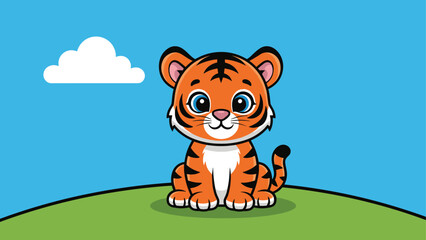 Cute cartoon tiger cub sitting on grass under a blue sky with cloud