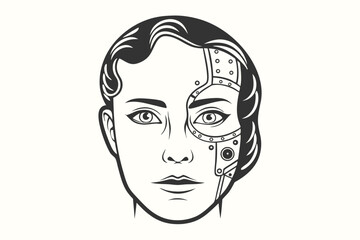 One half of the woman's face is robotic in this unique black and white image