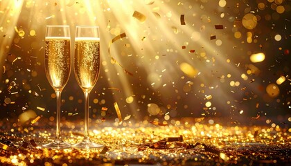Stunning golden celebration scene with two champagne flutes sparkling under dramatic light and falling confetti
