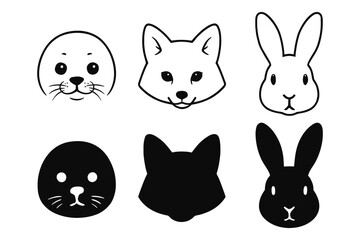 Cute animal faces: fox, seal, and rabbit in simple silhouette and outline design