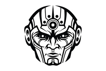 Black and white futuristic face shows intricate lines, geometric shapes, and focused eyes