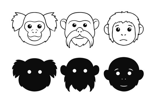 Set of cute monkey faces: outline and silhouette style for kids' crafts and designs