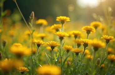 Fototapeta premium Bright yellow flowers bloom in sunny meadow. Green stems, leaves rise from ground. Warm sunlight creates soft glow on petals. Vibrant field shows natural beauty on clear summer day. Wild flora