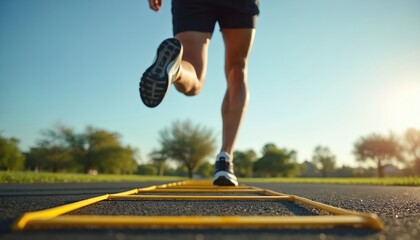 Athlete speeds through agility ladder drills on outdoor asphalt path. Focused individual practices footwork, speed, coordination. Legs blur with quick steps improving fitness, athletic performance.