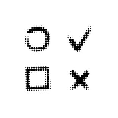 Halftone icons of checkbox, checkmark, empty box, and cross symbol in dotted style on white background.