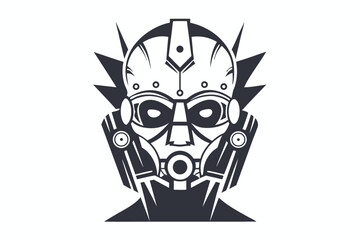 Black and white drawing showcases the human like face of a cyborg robot