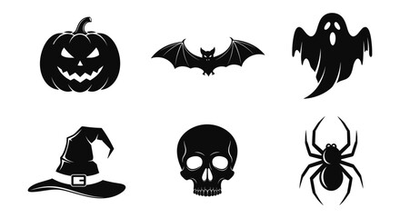 Fototapeta premium Spooky halloween silhouette icons: pumpkin, bat, ghost, witch hat, skull, spider