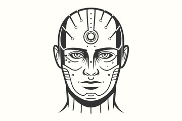 Monochromatic cyborg figure with intricate mechanical detailing is seen from the chest upward