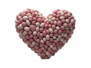 Pink and white heart shape composed of many small oval candy shapes isolated on transparent background