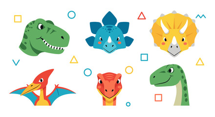 Colorful dinosaur character faces with geometric elements
