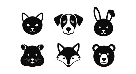 Animal faces silhouette collection of cat, dog, rabbit, hamster, fox, bear