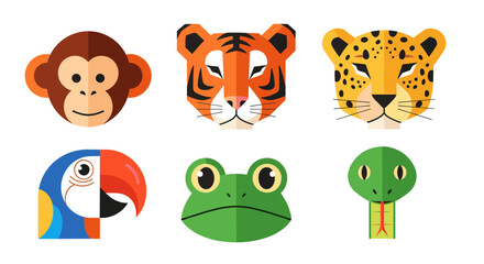 Colorful flat animal faces featuring wildlife and jungle creatures