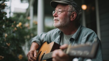 Elderly man playing an acoustic guitar. he is wearing a green cap and a gray shirt. he has a white beard and is wearing glasses.