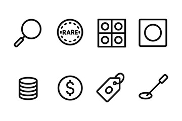 Minimalist line icons: search, coin, rare, grid, circle, stack, currency, tag, detection