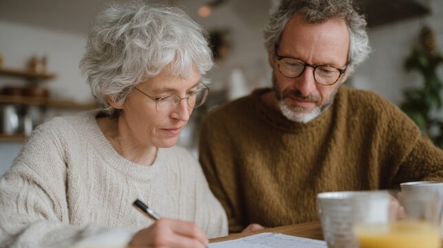 Elderly couple sitting at a kitchen table, looking at a piece of paper with a pen in their hand.