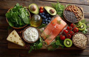 Collection of healthy food items set on an old wooden backdrop.