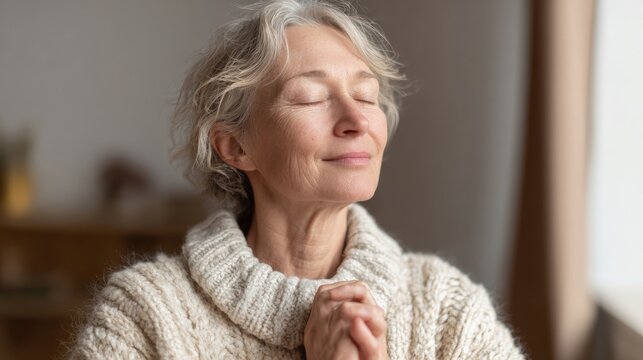 Close-up portrait of an elderly woman with her eyes closed and her hands clasped together in prayer. she appears to be in a peaceful and meditative state. - Powered by Adobe