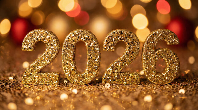 A vibrant gold and new 3d design illustration card features happy new year 2026 text with fireworks and holiday celebration symbols - Powered by Adobe