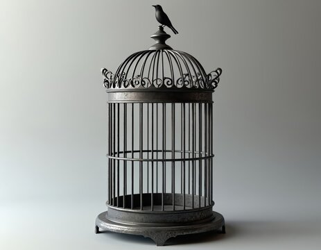 3D render illustration of an ornate bird cage with a small bird figure. The cage is detailed, with a metallic finish and artistic design. Modern decorative element for interior or design concept.