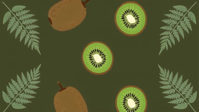 Vector illustration of a seamless pattern with fresh kiwi fruit slices and easter eggs on a vibrant green background. kiwis falling downward in smooth flow,