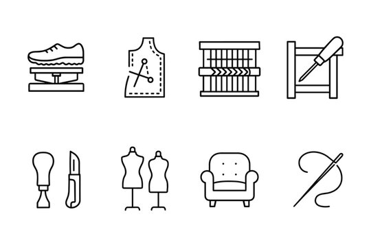 Shoe repair and tailoring outline icons: tools and fashion craft symbols