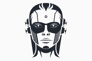Black outlined humanlike robot's face showing futuristic design with multiple electronic connection lines around its head