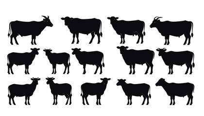Silhouette Farm Animal Set of Cows, Goats, and Sheep in Minimalist Vector Style