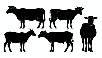Fototapeta premium Silhouette Vector Collection of Cows and Goats in Minimal Farm Animal Illustration