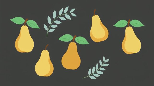 Set of fresh, ripe pear fruit with a green leaf, perfect vector illustration and healthy food icon design. pears falling downward in smooth flow,