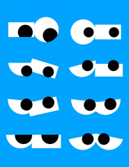 Set of simple cartoon eyes with black pupils looking left right up and down on blue background © AdhinesaDaffa