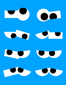 Funny cartoon eyes set with eyelids showing tired bored or suspicious expressions on blue background