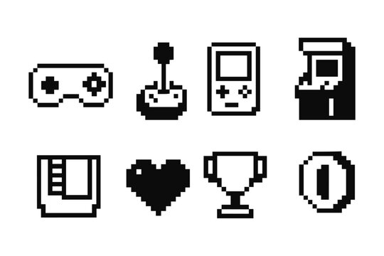 Classic retro gaming icons set in pixel art style
