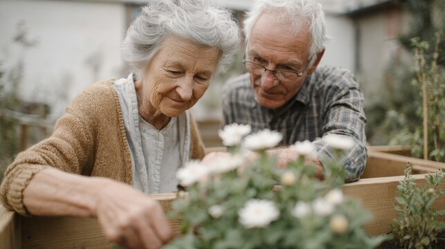 Elderly couple in a garden. the woman is on the left side of the image, wearing a beige sweater and has short white hair. she is looking down at a wooden planter box filled with white flowers.