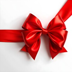 Fototapeta premium bright red satin Christmas ribbon across corner, elegant bow, clean white background, minimal festive style, soft shadow, high-detail fabric texture, premium composition, wide copy space 
