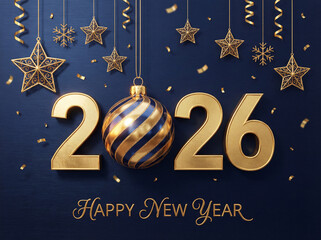 Happy new year 2026 with golden ornament, stars, snowflakes and confetti
