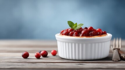 Delicious Cranberry Dessert with Mint Garnish on Rustic Wooden Table
